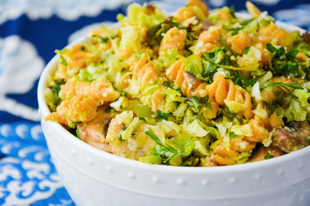 Supergrain Pasta Salad with Shredded Brussels Sprouts, Mushrooms & Pecorino