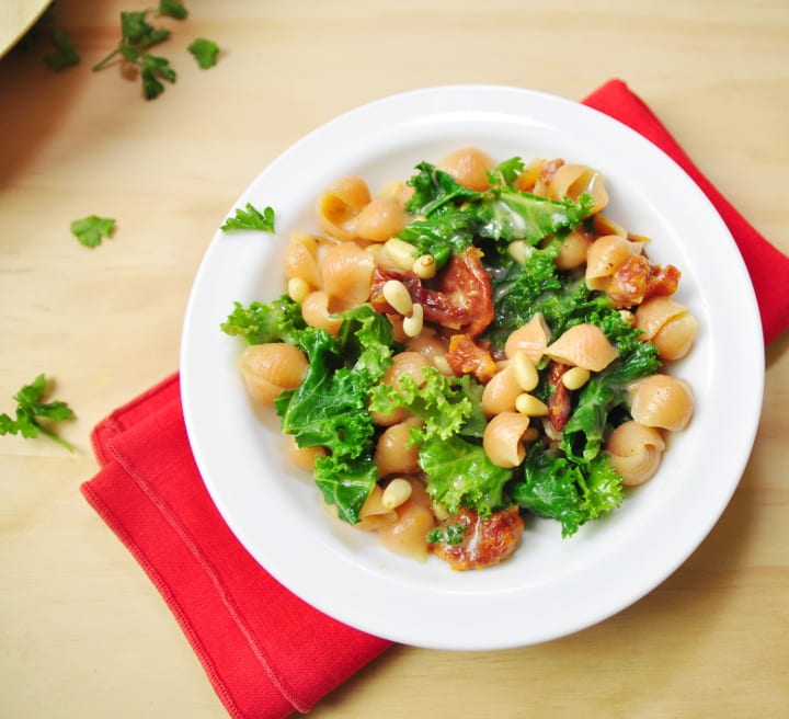 Lentil Mac and Cheese with Kale, Sun-Dried Tomatoes and Pine Nuts