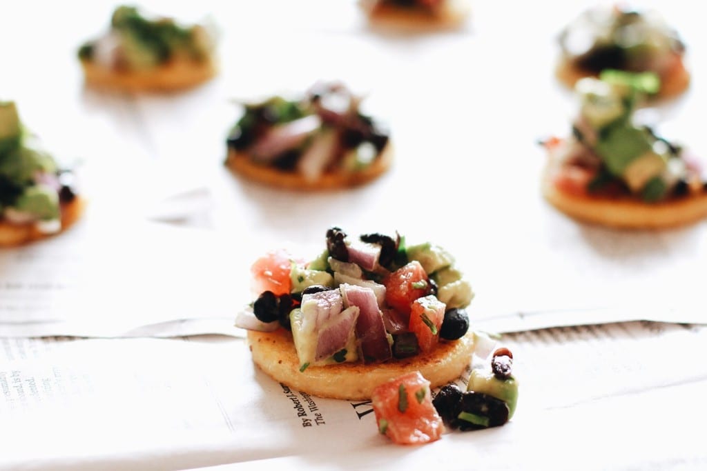Grilled Polenta Tostada with Bean and Avocado Ceviche