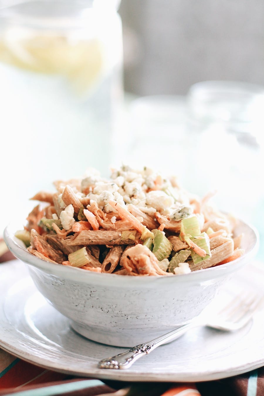 Protein Pasta Salad with Buffalo Chicken and Blue Cheese Crumbles