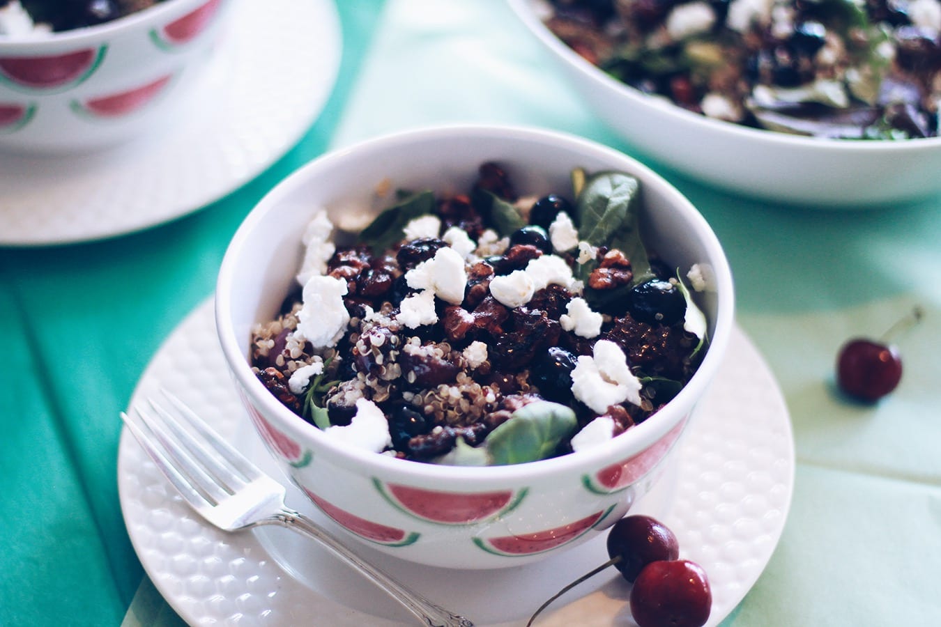 Quinoa Salad with Balsamic Roasted Cherries, Blueberries and Candied Walnuts