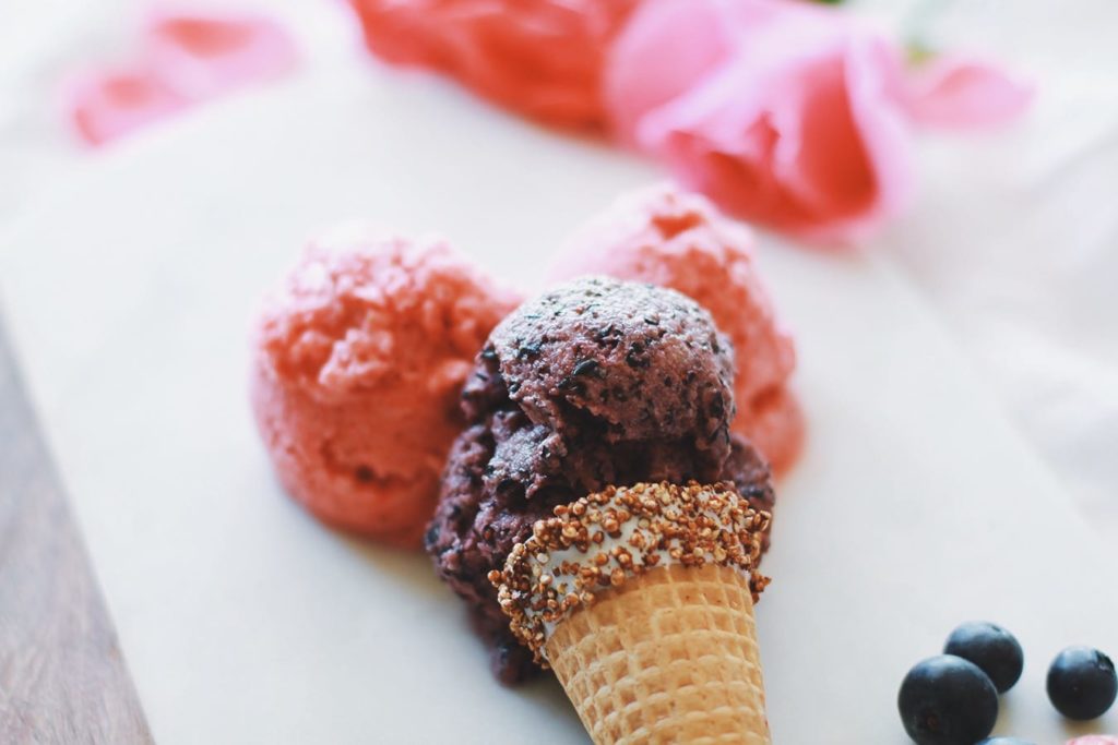 4-Ingredient Strawberry and Blueberry Sorbets with Sweet Toasted Quinoa Topping