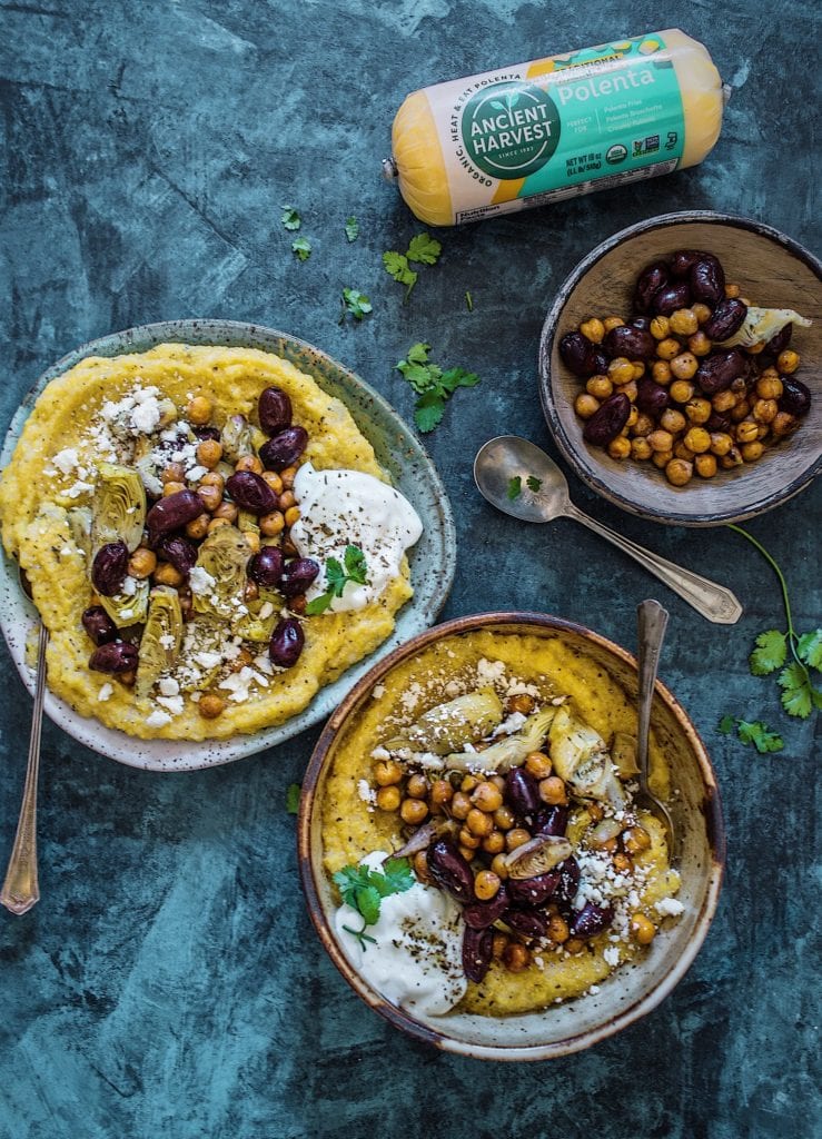 Creamy Polenta with Roasted Olives, Artichokes & Chickpeas