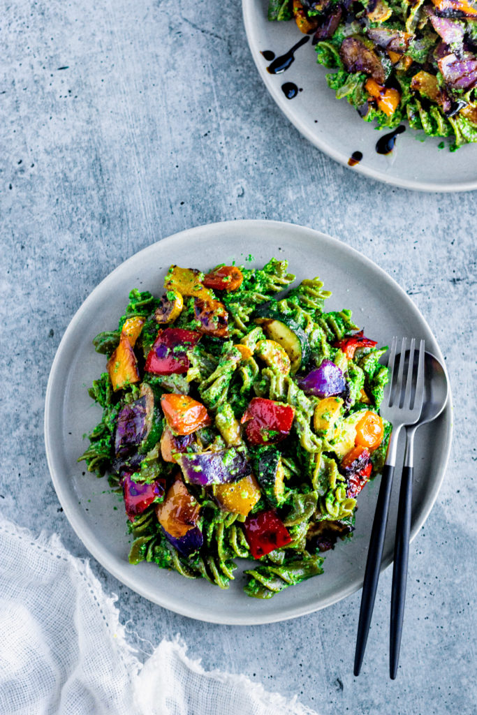 Grilled Veggie Pesto Pasta in a serving plate