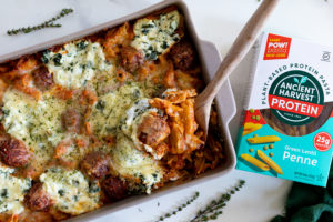 Vegan Meatball Bake in a serving bowl