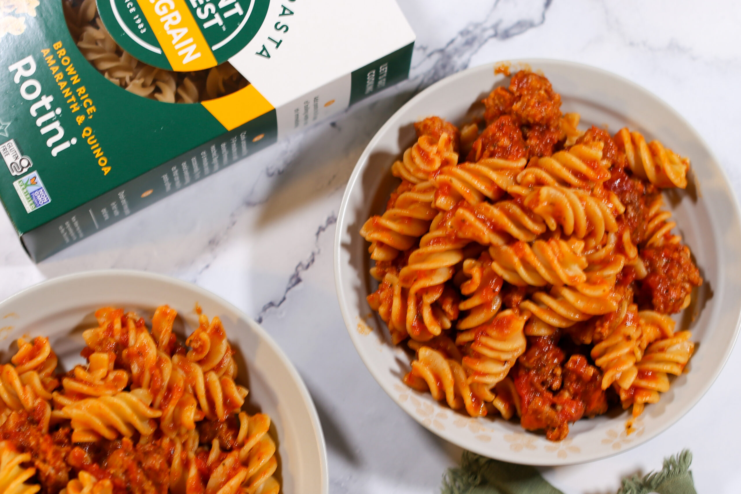 Burgundy Sauce and sausage with Supergrain Rotini Pasta - Ancient Harvest