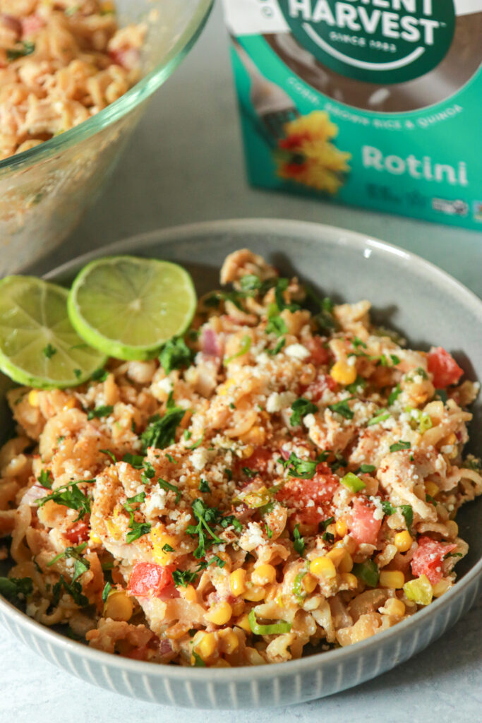 A dish of Mexican Street Corn pasta made with Ancient Harvest Protein Rotini Pasta.
