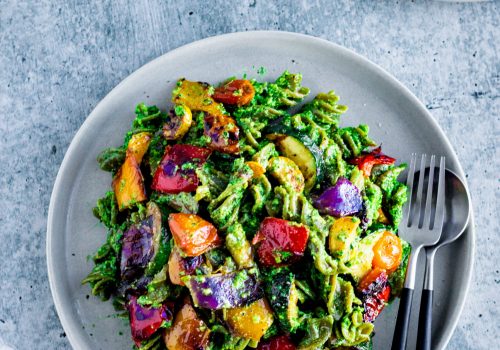 Grilled Veggie Pesto Pasta in a serving plate