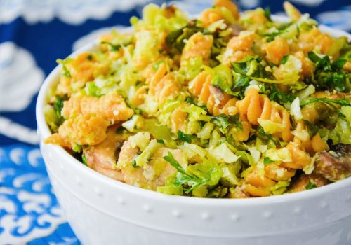 Supergrain Pasta Salad with Shredded Brussels Sprouts, Mushrooms & Pecorino