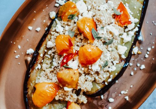 dish Grill Eggplant and Tomatoes with Quinoa